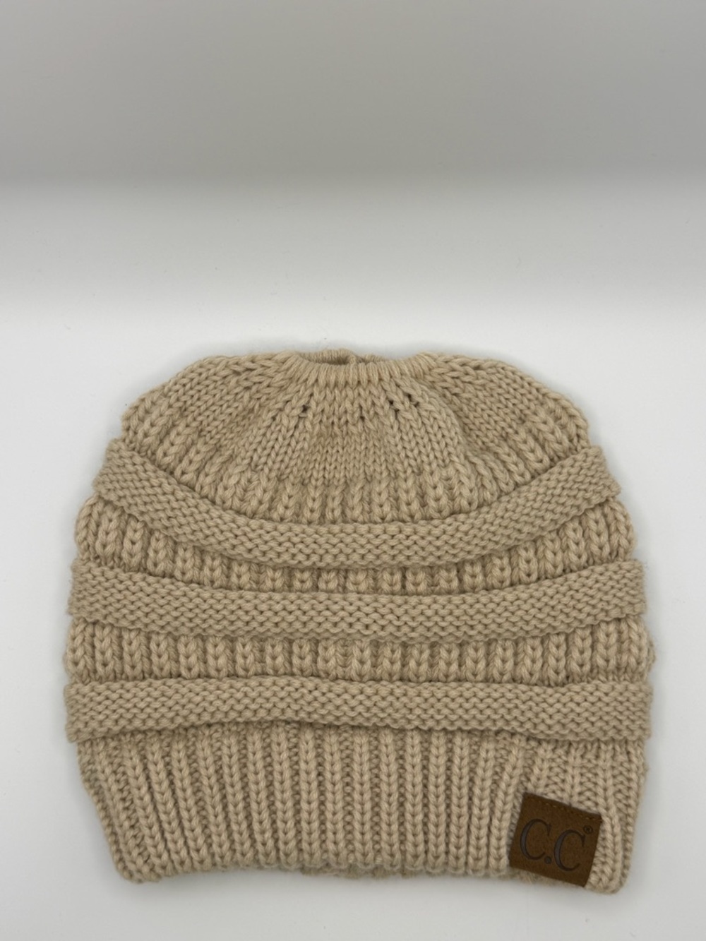 C.C Exclusives Beige Ponytail Messy Bun Knit Beanie Hat Made in Korea